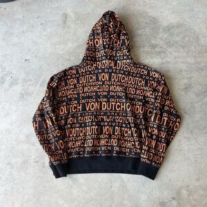 Von Dutch Hoodie Mens Orange Black All Over Logo Print Full Zip Paris AOP medium